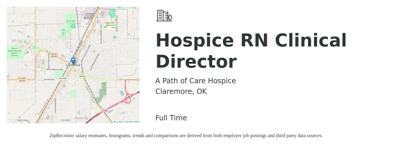 A Path of Care Hospice job posting for a Hospice RN Clinical Director in Claremore, OK with a salary of $59,000 to $86,900 Yearly with a map of Claremore location.