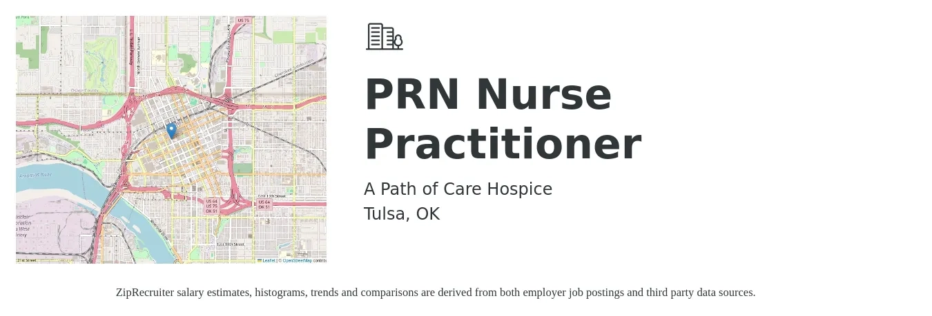 A Path of Care Hospice job posting for a PRN Nurse Practitioner in Tulsa, OK with a salary of $89,300 to $124,100 Yearly with a map of Tulsa location.