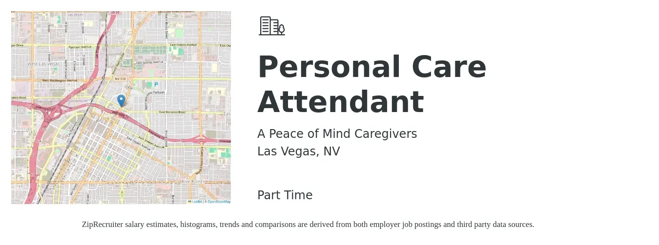 A Peace of Mind Caregivers job posting for a Personal Care Attendant in Las Vegas, NV with a salary of $16 to $17 Hourly with a map of Las Vegas location.