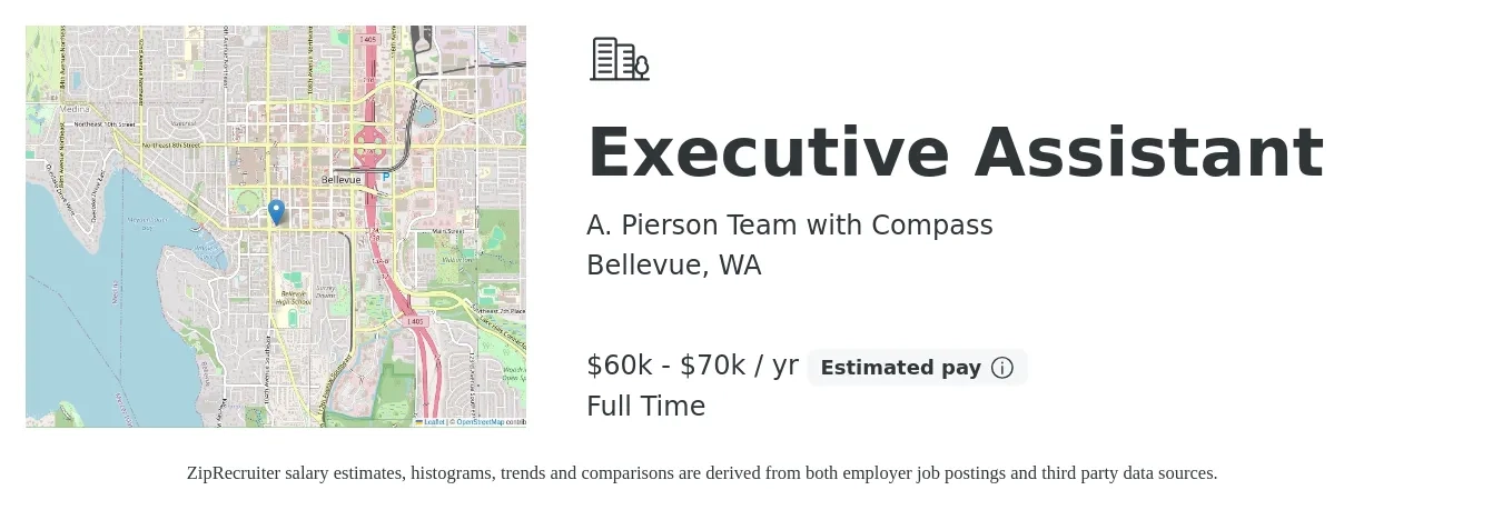 A. Pierson Team with Compass job posting for a Executive Assistant in Bellevue, WA with a salary of $60,000 to $70,000 Yearly with a map of Bellevue location.