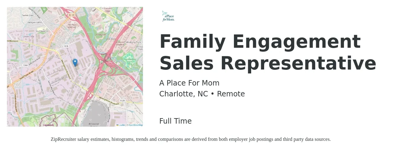 A Place For Mom job posting for a Family Engagement Sales Representative in Charlotte, NC with a salary of $45,760 Monthly with a map of Charlotte location.