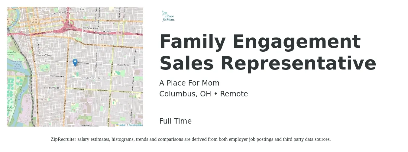 A Place For Mom job posting for a Family Engagement Sales Representative in Columbus, OH with a salary of $45,760 Monthly with a map of Columbus location.