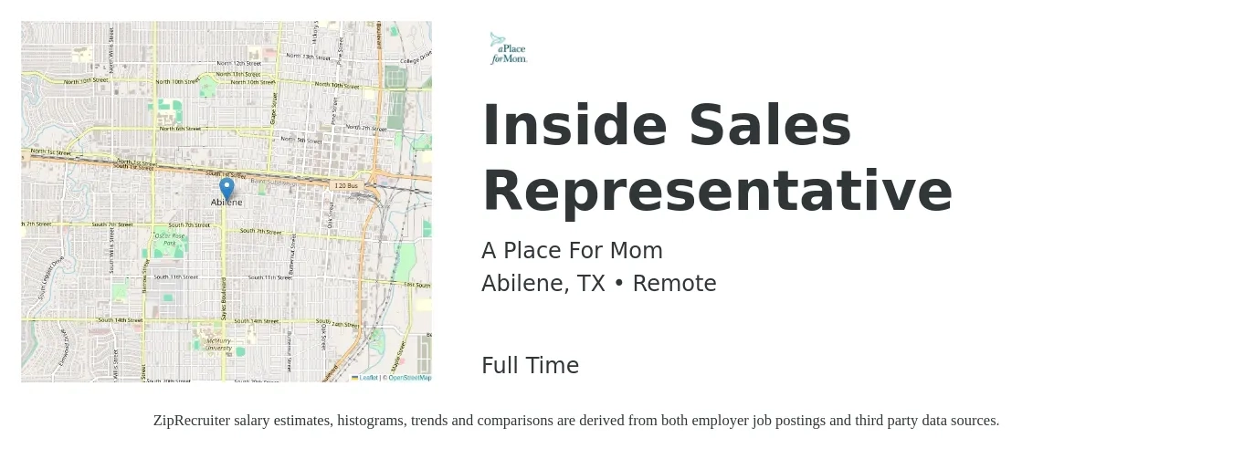A Place For Mom job posting for a Inside Sales Representative in Abilene, TX with a salary of $51,500 Yearly with a map of Abilene location.