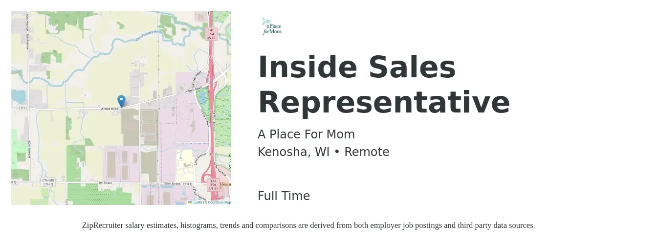 A Place For Mom job posting for a Inside Sales Representative in Kenosha, WI with a salary of $51,500 Yearly with a map of Kenosha location.