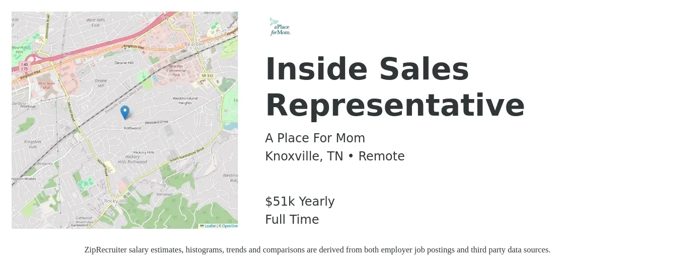 A Place For Mom job posting for a Inside Sales Representative in Knoxville, TN with a salary of $51,500 Yearly with a map of Knoxville location.