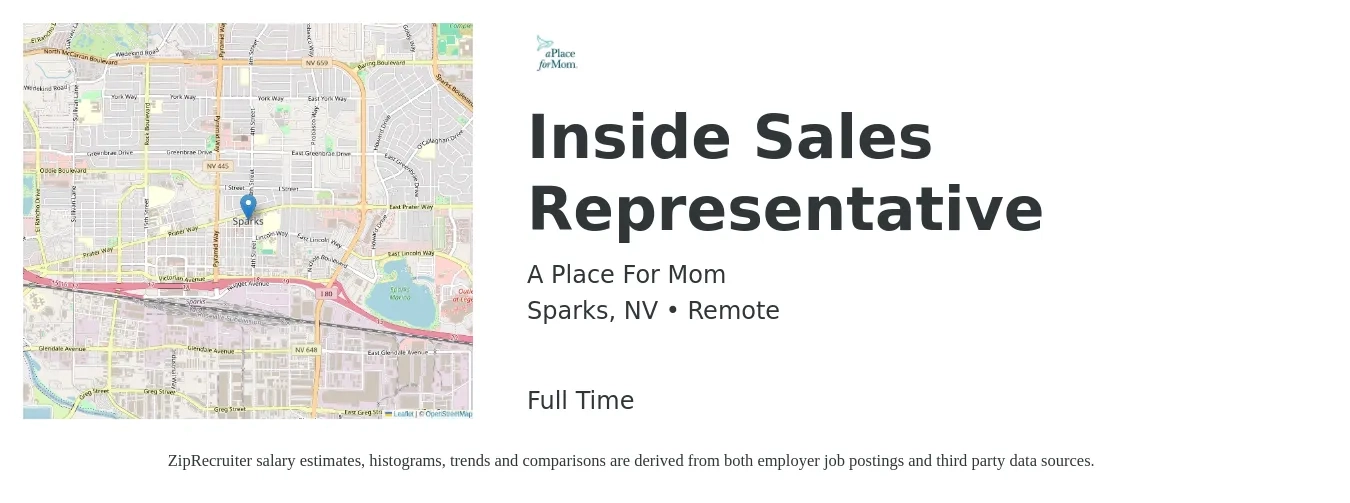 A Place For Mom job posting for a Inside Sales Representative in Sparks, NV with a salary of $51,500 Yearly with a map of Sparks location.