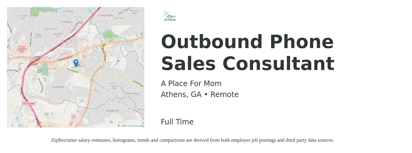 A Place For Mom job posting for a Outbound Phone Sales Consultant in Athens, GA with a salary of $51,500 Yearly with a map of Athens location.