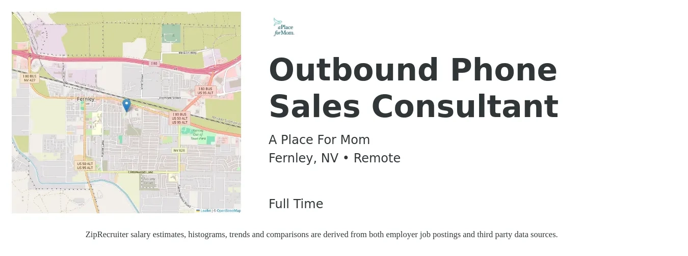 A Place For Mom job posting for a Outbound Phone Sales Consultant in Fernley, NV with a salary of $51,500 Yearly with a map of Fernley location.