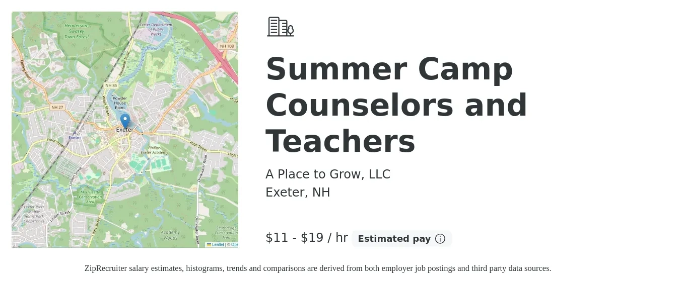 A Place to Grow, LLC job posting for a Summer Camp Counselors and Teachers in Exeter, NH with a salary of $12 to $20 Hourly with a map of Exeter location.