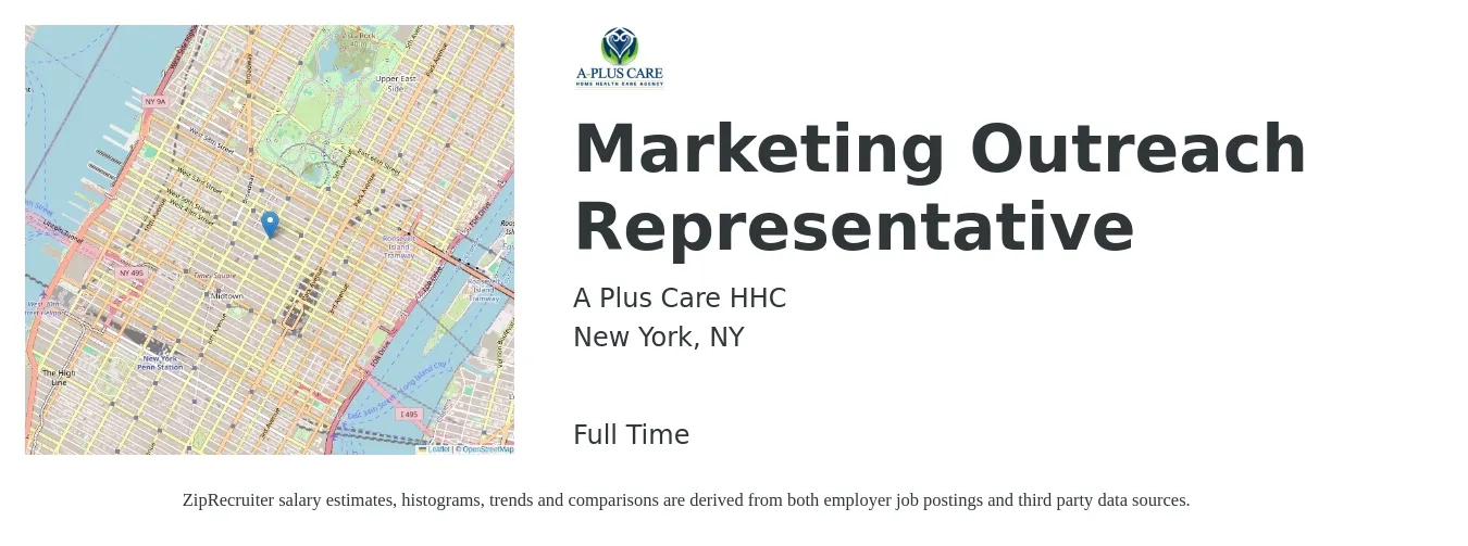 A Plus Care HHC job posting for a Marketing Outreach Representative in New York, NY with a salary of $40,000 to $56,300 Yearly with a map of New York location.