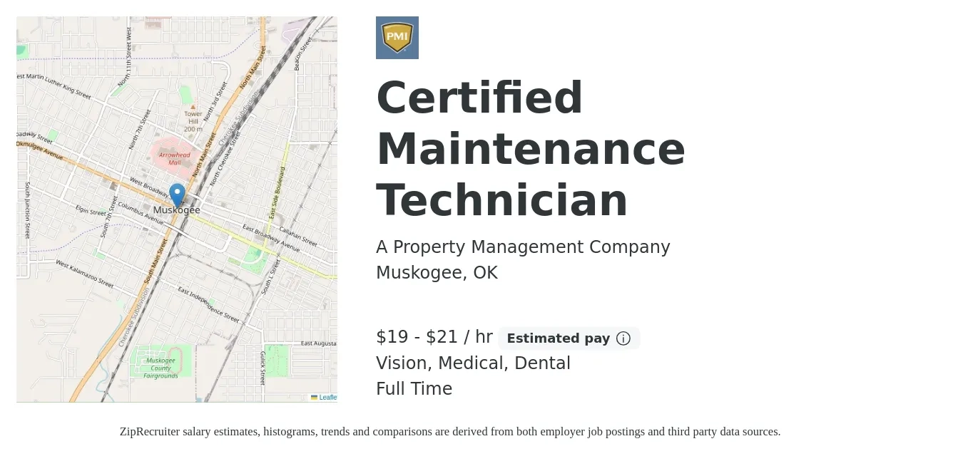 A Property Management Company job posting for a Certified Maintenance Technician in Muskogee, OK with a salary of $20 to $22 Hourly and benefits including medical, vision, and dental with a map of Muskogee location.