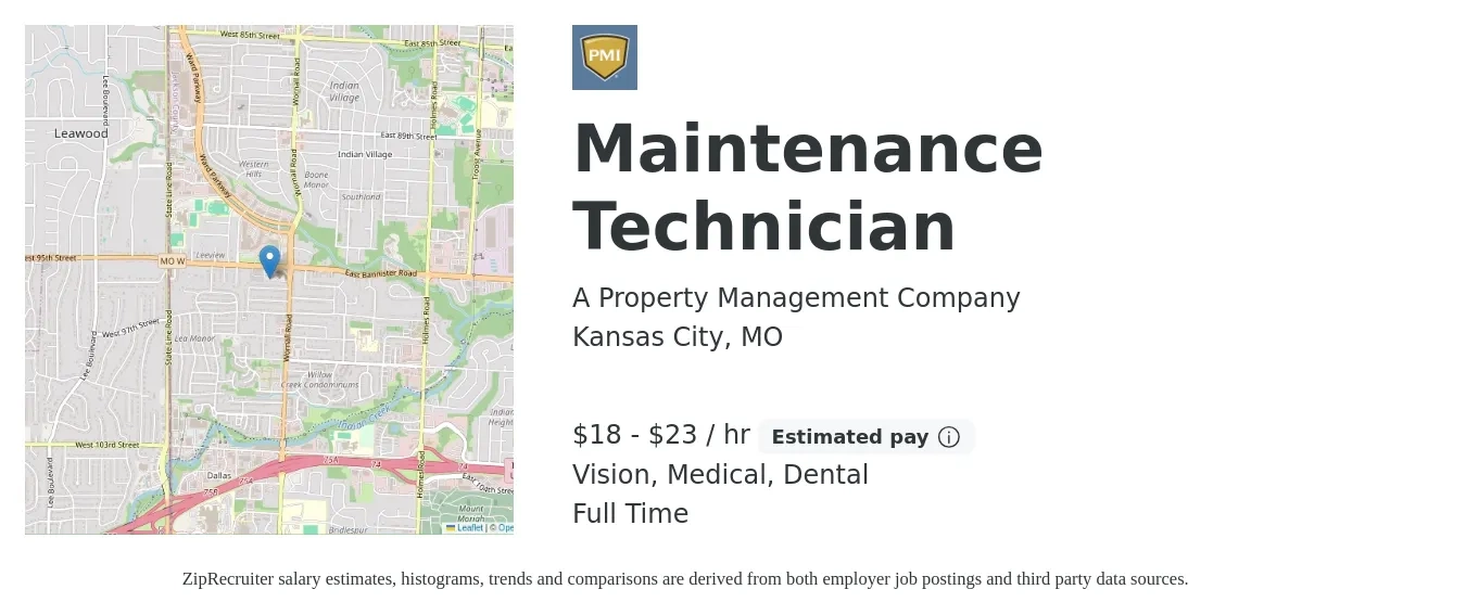 A Property Management Company job posting for a Maintenance Technician in Kansas City, MO with a salary of $19 to $24 Hourly and benefits including medical, vision, and dental with a map of Kansas City location.