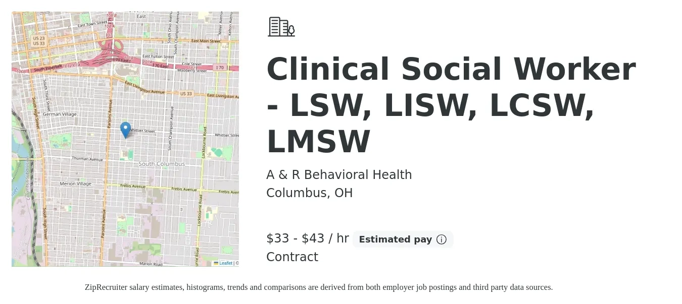 A & R Behavioral Health job posting for a Clinical Social Worker - LSW, LISW, LCSW, LMSW in Columbus, OH with a salary of $35 to $45 Hourly with a map of Columbus location.