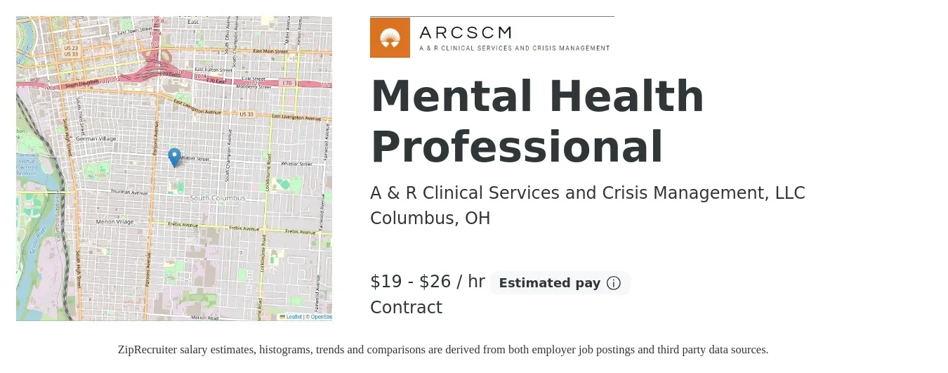 A & R Clinical Services and Crisis Management, LLC job posting for a Mental Health Professional in Columbus, OH with a salary of $20 to $28 Hourly with a map of Columbus location.