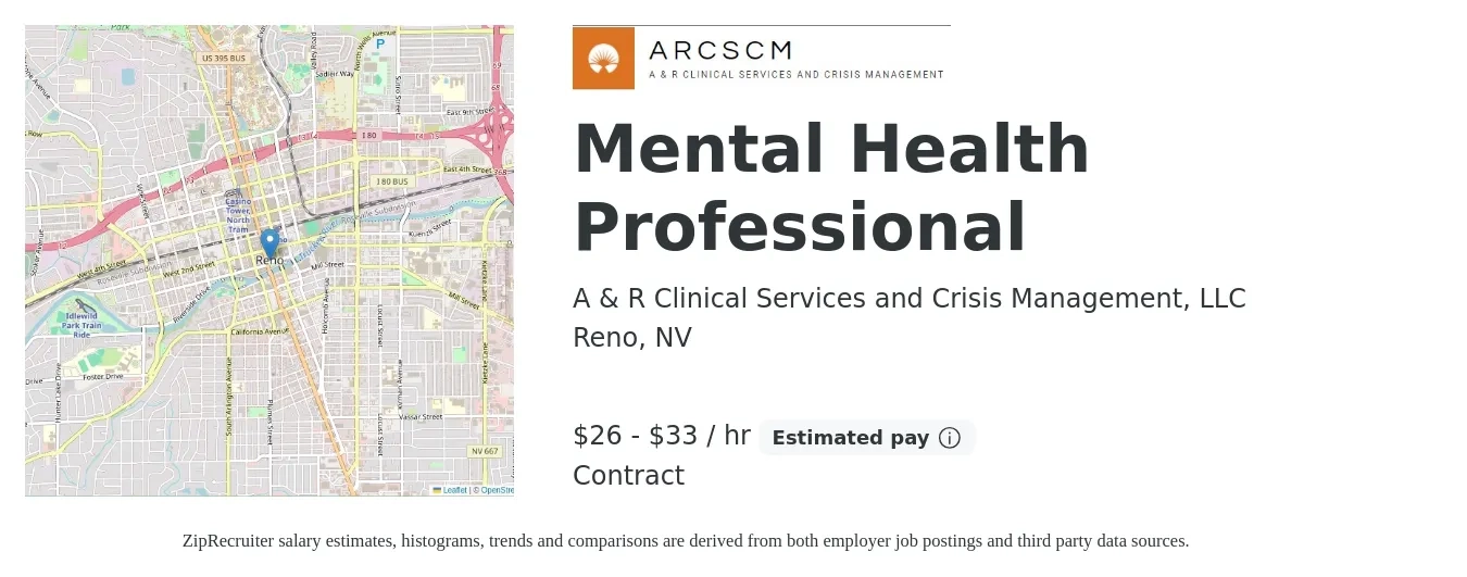 A & R Clinical Services and Crisis Management, LLC job posting for a Mental Health Professional in Reno, NV with a salary of $28 to $35 Hourly with a map of Reno location.