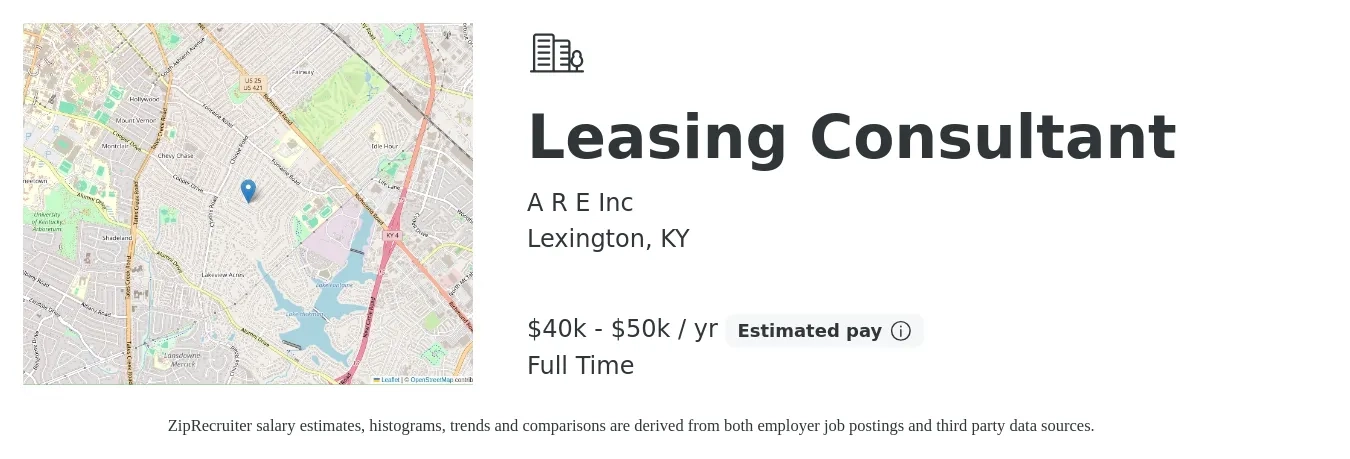A R E Inc job posting for a Leasing Consultant in Lexington, KY with a salary of $40,000 to $50,000 Yearly with a map of Lexington location.