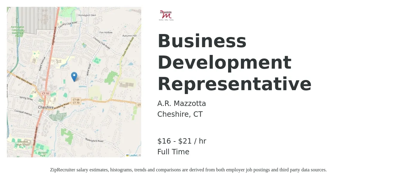 A.R. Mazzotta job posting for a Business Development Representative in Cheshire, CT with a salary of $17 to $22 Hourly with a map of Cheshire location.