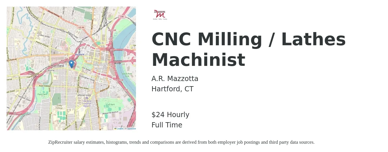 A.R. Mazzotta job posting for a CNC Milling / Lathes Machinist in Hartford, CT with a salary of $25 Hourly with a map of Hartford location.