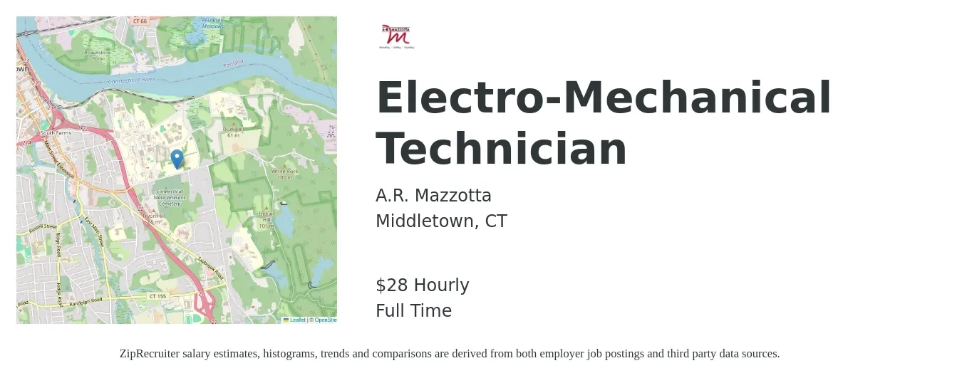 A.R. Mazzotta job posting for a Electro-Mechanical Technician in Middletown, CT with a salary of $30 Hourly with a map of Middletown location.