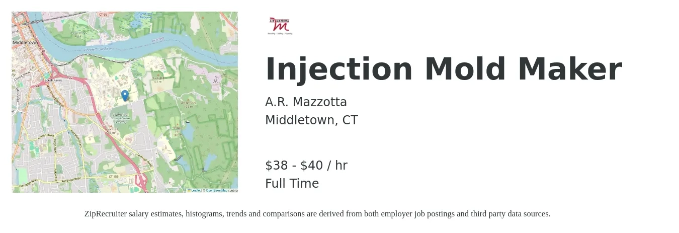 A.R. Mazzotta job posting for a Injection Mold Maker in Middletown, CT with a salary of $40 to $42 Hourly with a map of Middletown location.
