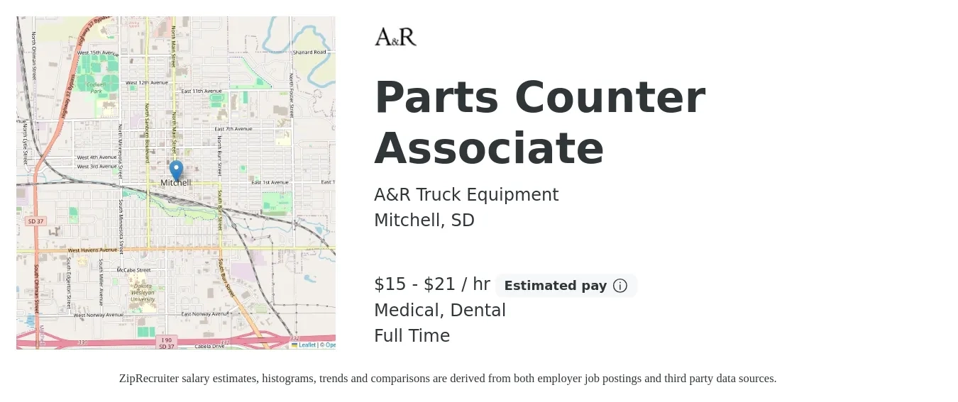 A&R Truck Equipment job posting for a Parts Counter Associate in Mitchell, SD with a salary of $16 to $22 Hourly (plus commission) and benefits including dental, life_insurance, and medical with a map of Mitchell location.