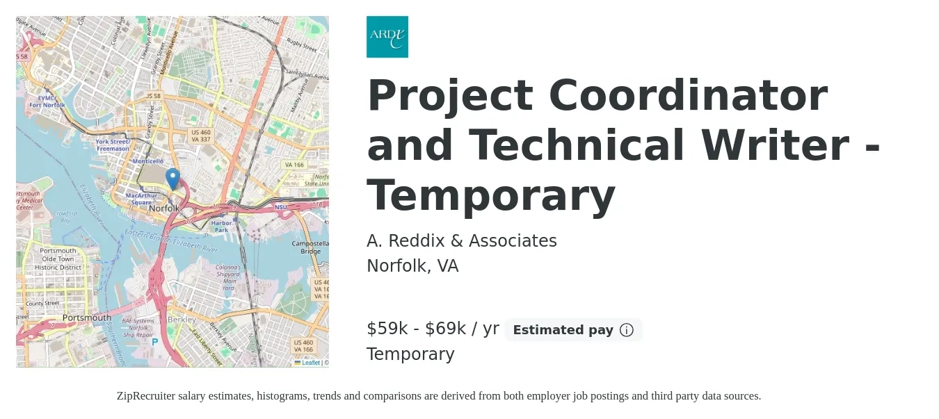 A. Reddix & Associates job posting for a Project Coordinator and Technical Writer - Temporary in Norfolk, VA with a salary of $59,000 to $69,000 Yearly with a map of Norfolk location.