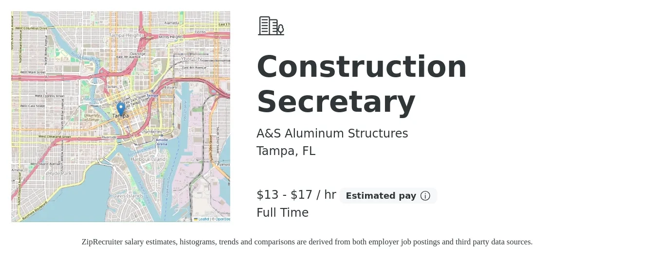 A&S Aluminum Structures job posting for a Construction Secretary in Tampa, FL with a salary of $14 to $18 Hourly (plus commission) and benefits including pto with a map of Tampa location.