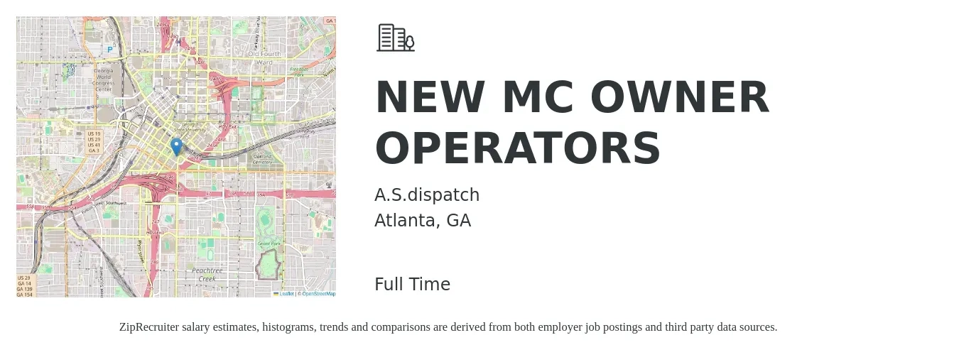 A.S.dispatch job posting for a NEW MC OWNER OPERATORS in Atlanta, GA with a salary of $1,500 to $8,500 Weekly with a map of Atlanta location.