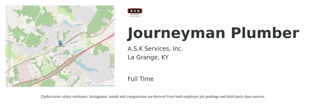 A.S.K Services, Inc. job posting for a Journeyman Plumber in La Grange, KY with a salary of $27 to $38 Hourly with a map of La Grange location.