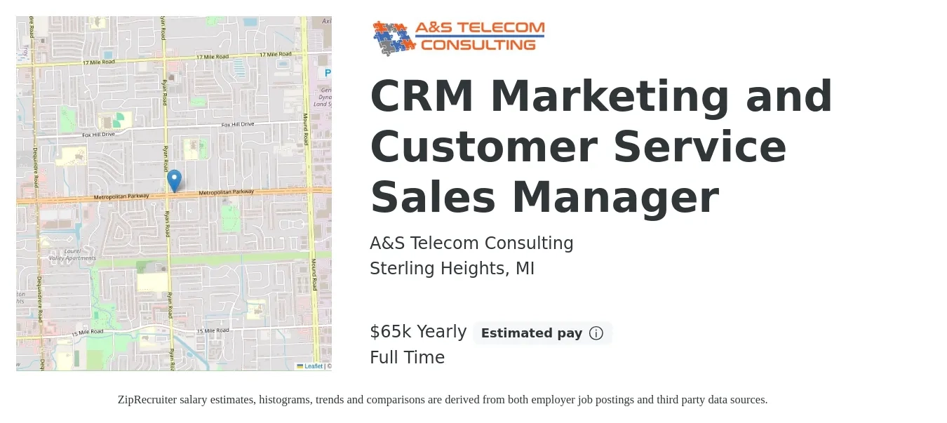 A&S Telecom Consulting job posting for a CRM Marketing and Customer Service Sales Manager in Sterling Heights, MI with a salary of $65,000 Yearly (plus commission) with a map of Sterling Heights location.
