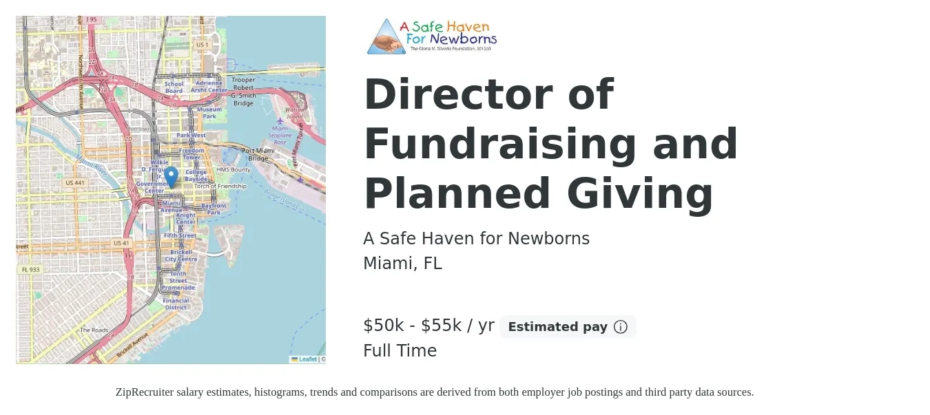 A Safe Haven for Newborns job posting for a Director of Fundraising and Planned Giving in Miami, FL with a salary of $50,000 to $55,000 Yearly (plus commission) with a map of Miami location.