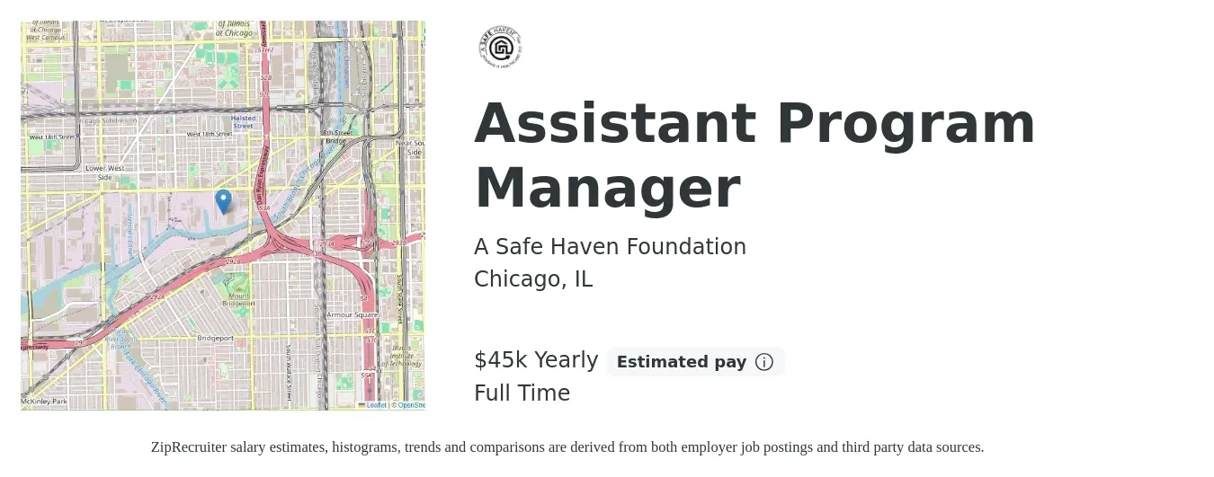 A Safe Haven Foundation job posting for a Assistant Program Manager in Chicago, IL with a salary of $45,000 Yearly with a map of Chicago location.
