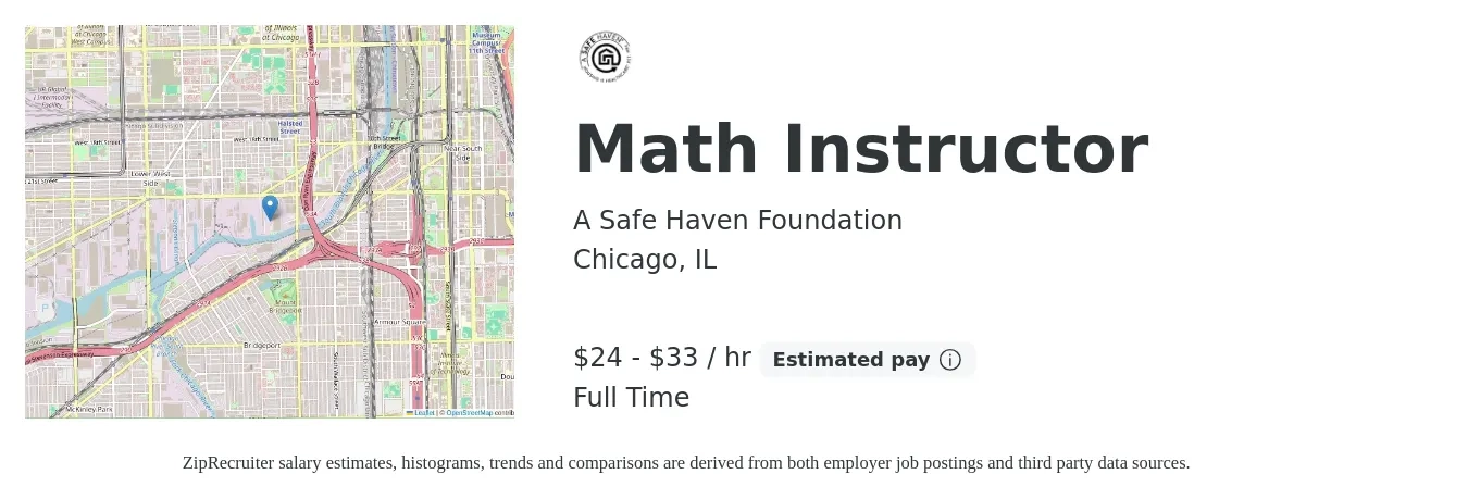 A Safe Haven Foundation job posting for a Math Instructor in Chicago, IL with a salary of $25 to $35 Hourly with a map of Chicago location.