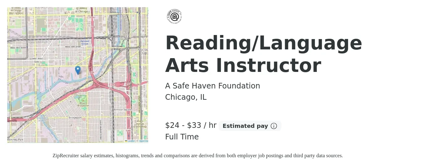 A Safe Haven Foundation job posting for a Reading/Language Arts Instructor in Chicago, IL with a salary of $25 to $35 Hourly with a map of Chicago location.