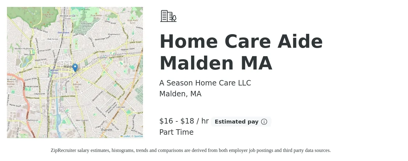 A Season Home Care LLC job posting for a Home Care Aide Malden MA in Malden, MA with a salary of $17 to $19 Hourly with a map of Malden location.