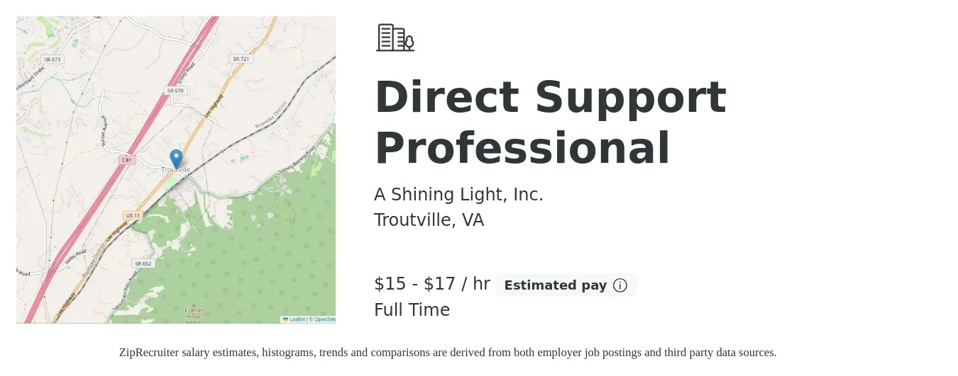 A Shining Light, Inc. job posting for a Direct Support Professional in Troutville, VA with a salary of $16 to $18 Hourly with a map of Troutville location.