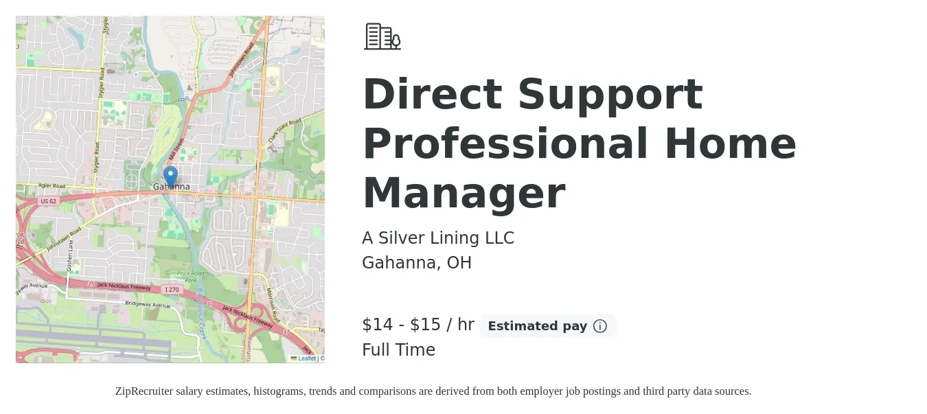 A Silver Lining LLC job posting for a Direct Support Professional Home Manager in Gahanna, OH with a salary of $15 to $16 Hourly with a map of Gahanna location.