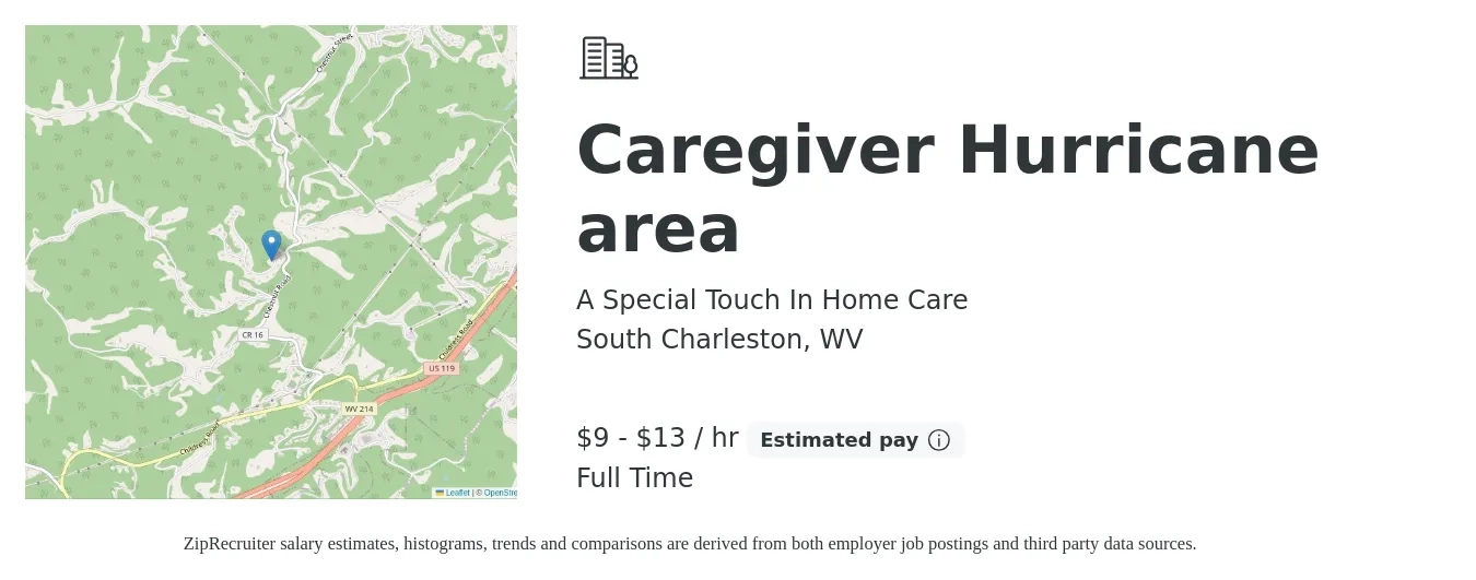 A Special Touch In Home Care job posting for a Caregiver Hurricane area in South Charleston, WV with a salary of $10 to $14 Hourly with a map of South Charleston location.
