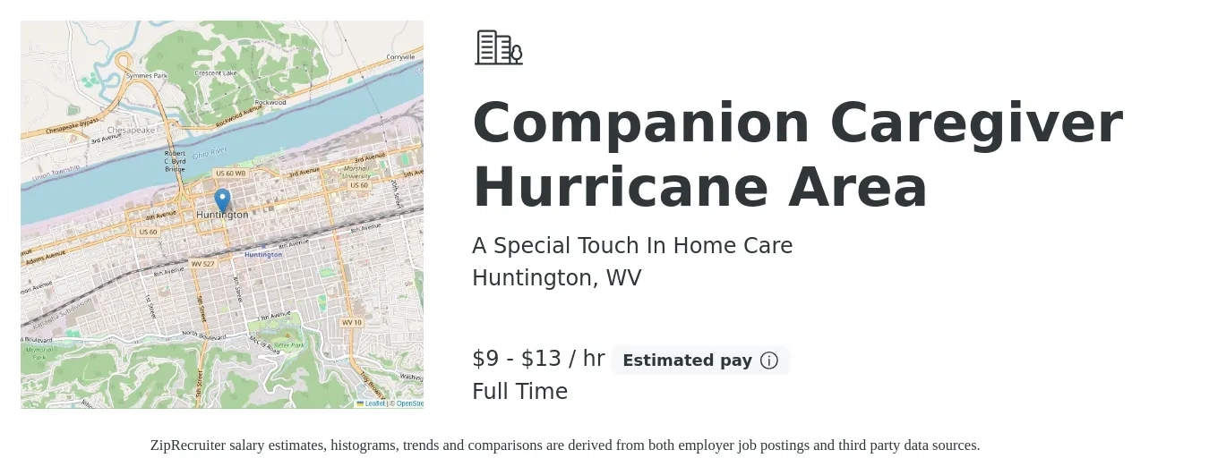 A Special Touch In Home Care job posting for a Companion Caregiver Hurricane Area in Huntington, WV with a salary of $10 to $14 Hourly with a map of Huntington location.