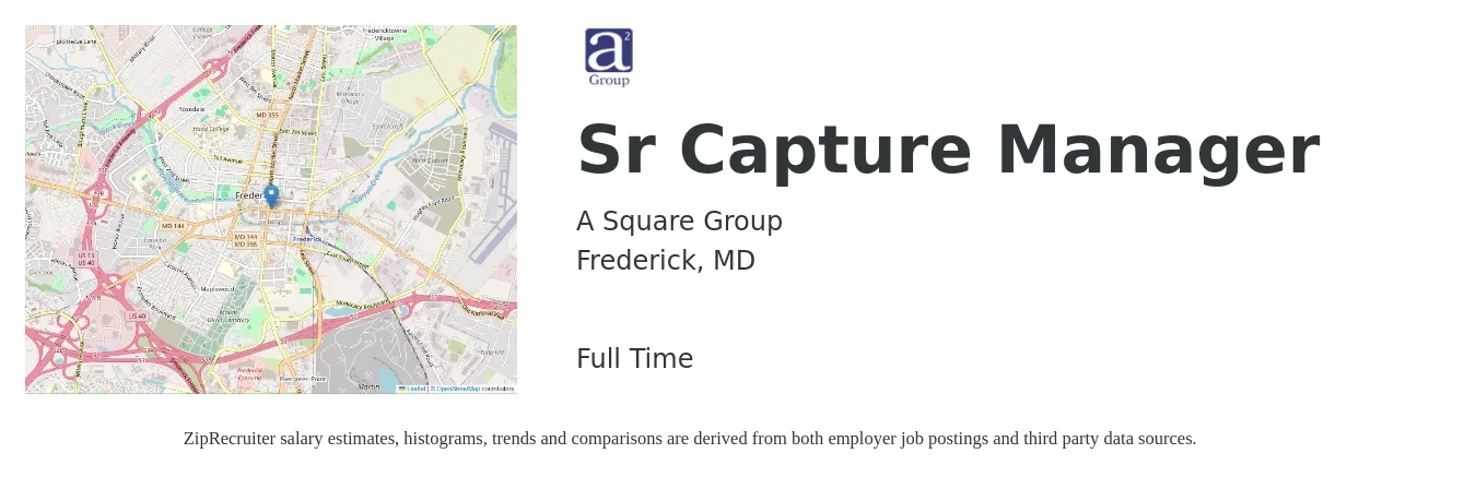A Square Group job posting for a Sr Capture Manager in Frederick, MD with a salary of $80,000 to $134,700 Yearly with a map of Frederick location.