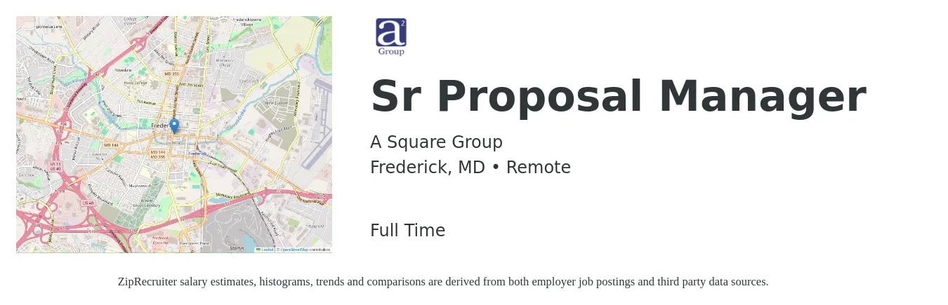 A Square Group job posting for a Sr Proposal Manager in Frederick, MD with a salary of $80,000 to $117,300 Yearly with a map of Frederick location.