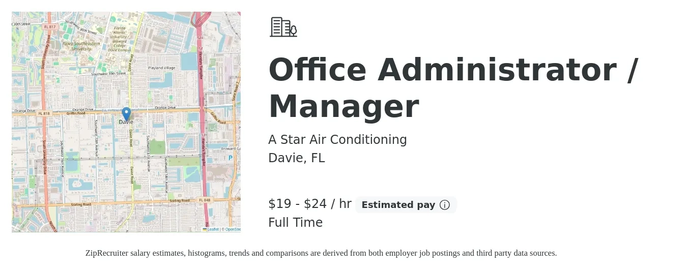 A Star Air Conditioning job posting for a Office Administrator / Manager in Davie, FL with a salary of $20 to $25 Hourly with a map of Davie location.