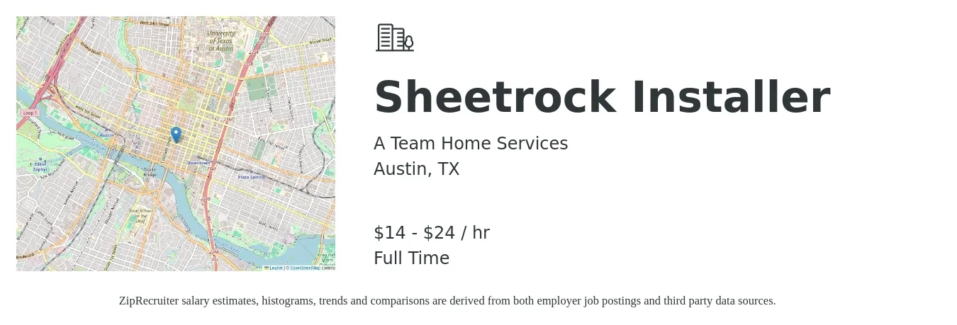 A Team Home Services job posting for a Sheetrock Installer in Austin, TX with a salary of $15 to $25 Hourly with a map of Austin location.