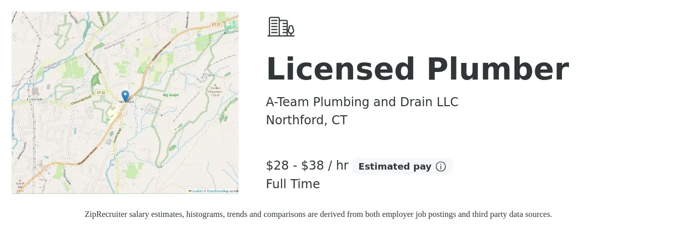 A-Team Plumbing and Drain LLC job posting for a Licensed Plumber in Northford, CT with a salary of $30 to $40 Hourly with a map of Northford location.