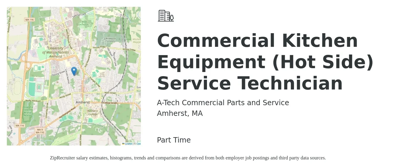 A-Tech Commercial Parts and Service job posting for a Commercial Kitchen Equipment (Hot Side) Service Technician in Amherst, MA with a salary of $18 to $36 Hourly with a map of Amherst location.