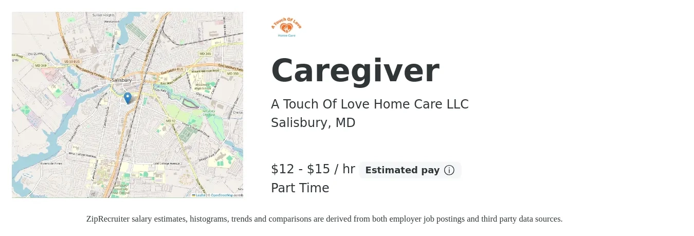 A Touch Of Love Home Care LLC job posting for a Caregiver in Salisbury, MD with a salary of $13 to $16 Hourly with a map of Salisbury location.