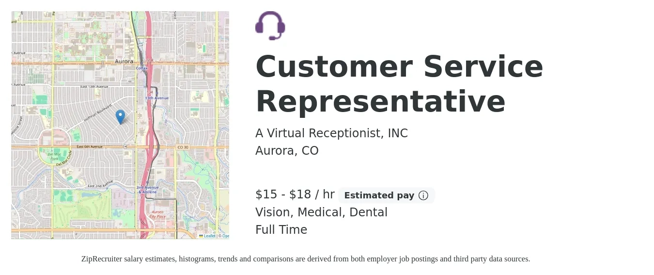A Virtual Receptionist, INC job posting for a Customer Service Representative in Aurora, CO with a salary of $16 to $19 Hourly and benefits including vision, dental, and medical with a map of Aurora location.