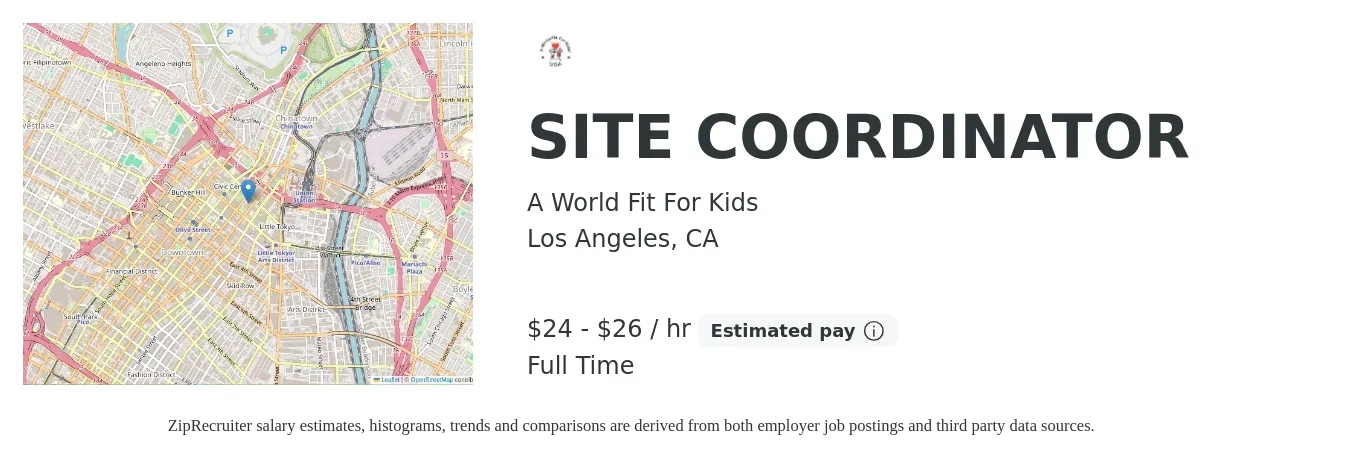 A World Fit For Kids job posting for a SITE COORDINATOR in Los Angeles, CA with a salary of $25 to $28 Hourly with a map of Los Angeles location.