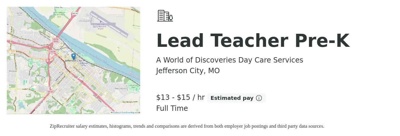 A World of Discoveries Day Care Services job posting for a Lead Teacher Pre-K in Jefferson City, MO with a salary of $14 to $16 Hourly with a map of Jefferson City location.