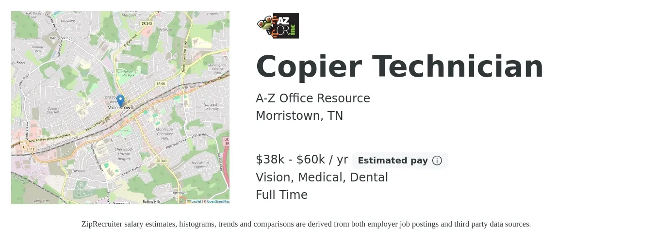 A-Z Office Resource job posting for a Copier Technician in Morristown, TN with a salary of $38,000 to $60,000 Yearly and benefits including retirement, vision, dental, life_insurance, and medical with a map of Morristown location.